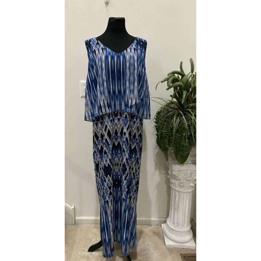 NWT CATHERINES Layered Blue Geometric Maxi Dress Plus Sz‎ 1X 18/20W